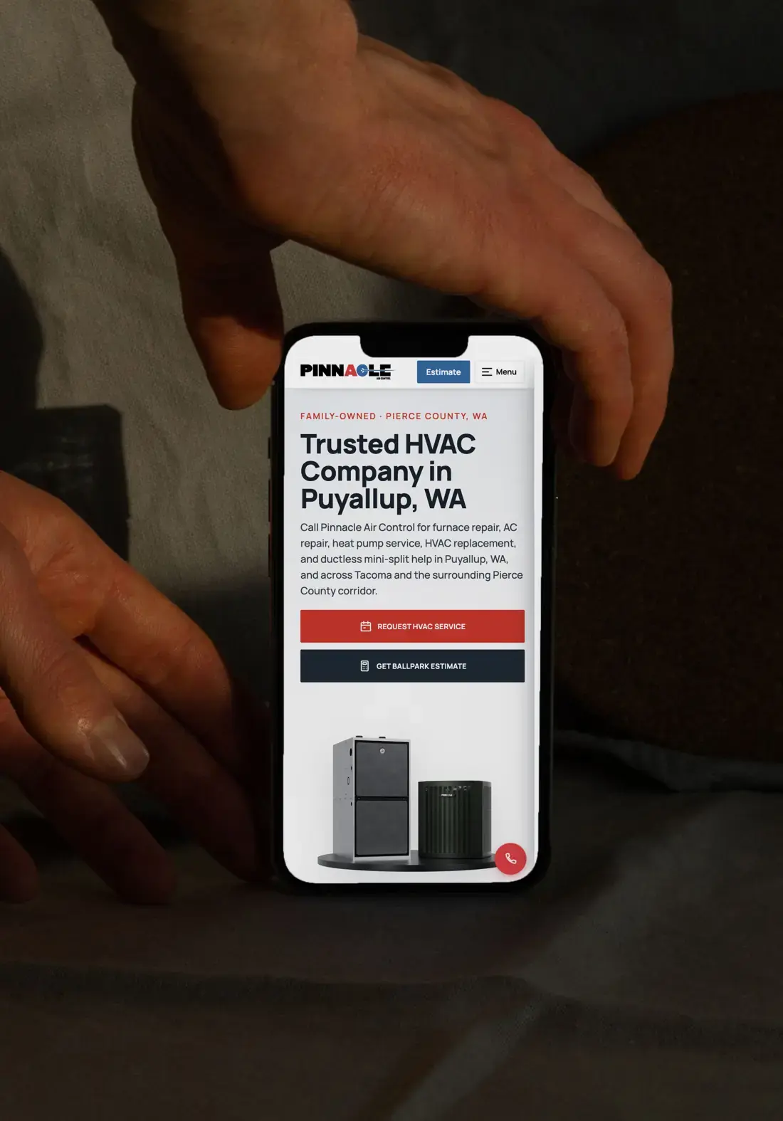 The Pinnacle Air Control HVAC website, built by ChegTech, on a phone