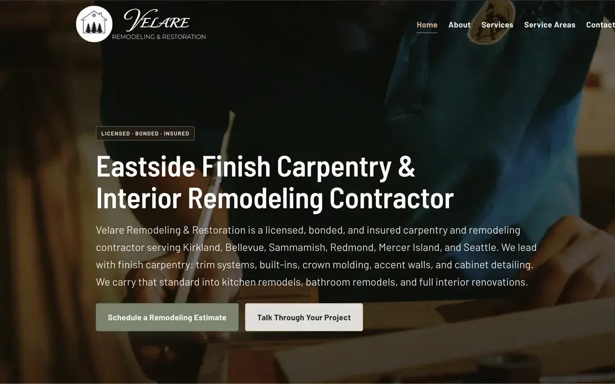 The Velare Remodeling and Restoration website, built by ChegTech