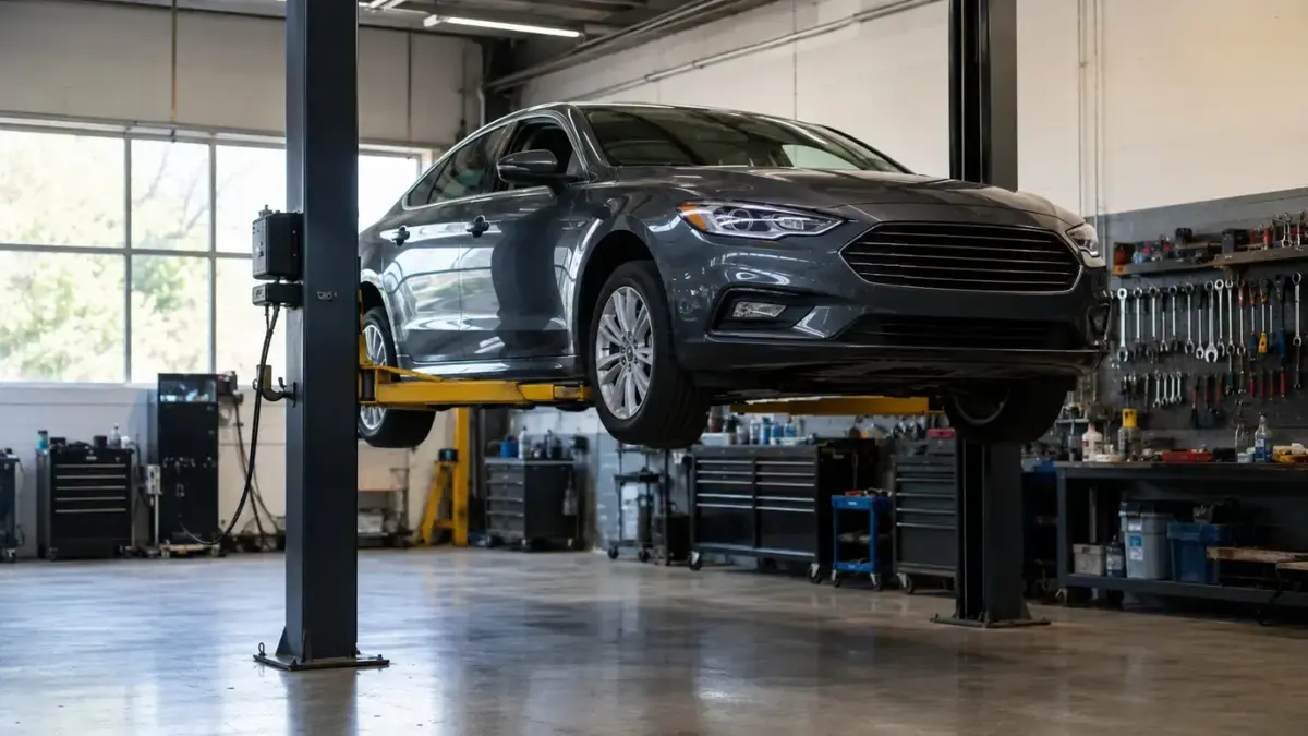 A clean modern auto-repair bay with a car raised on a lift and an organized tool wall