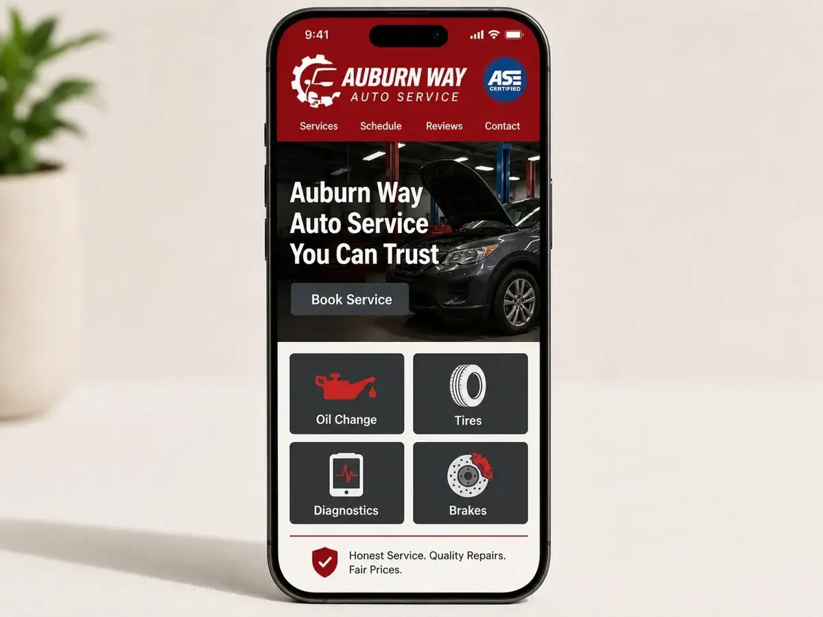 iPhone mockup of an example auto service website built by ChegTech