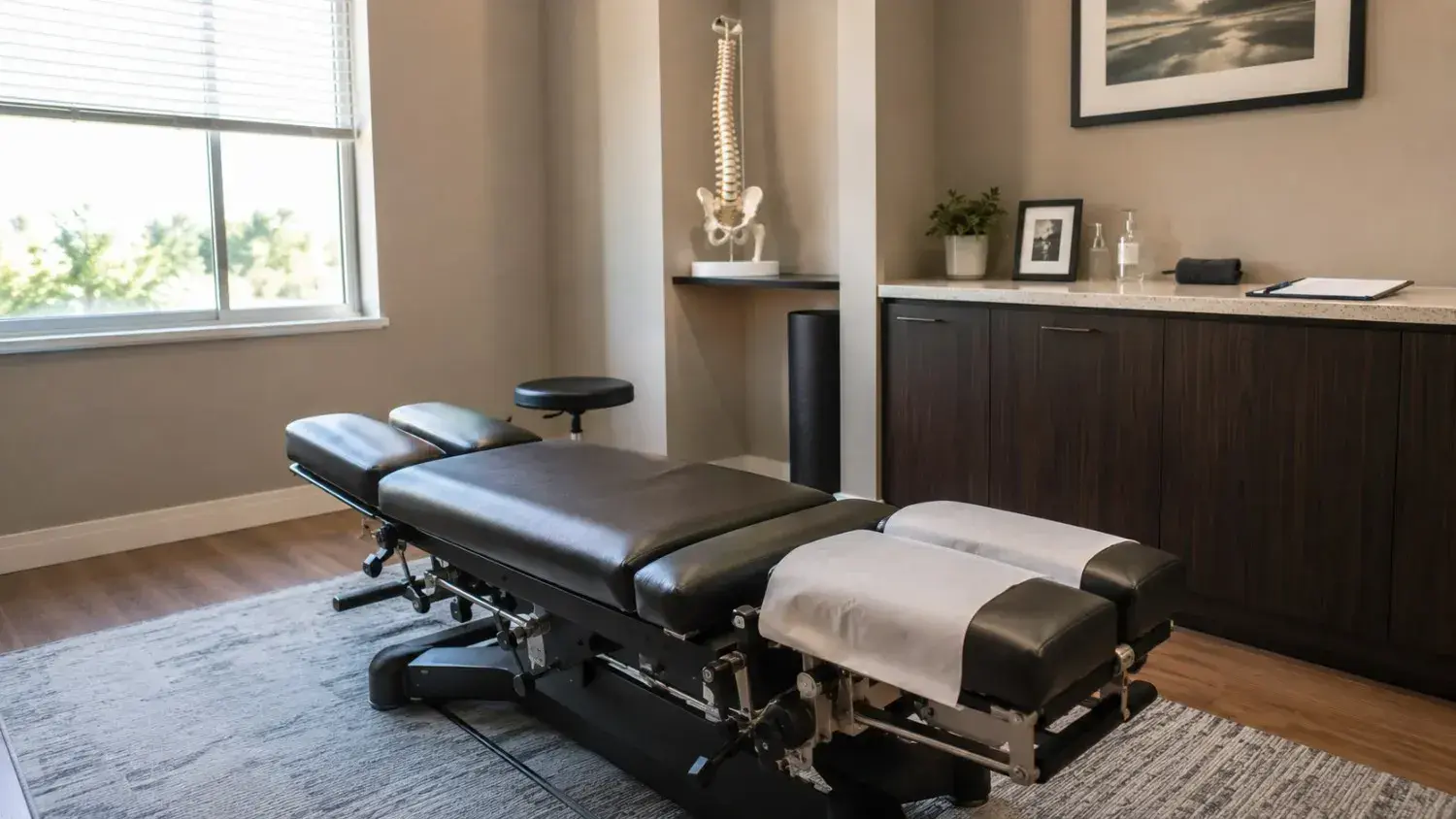 A clean modern chiropractic treatment room with a neatly made adjustment table