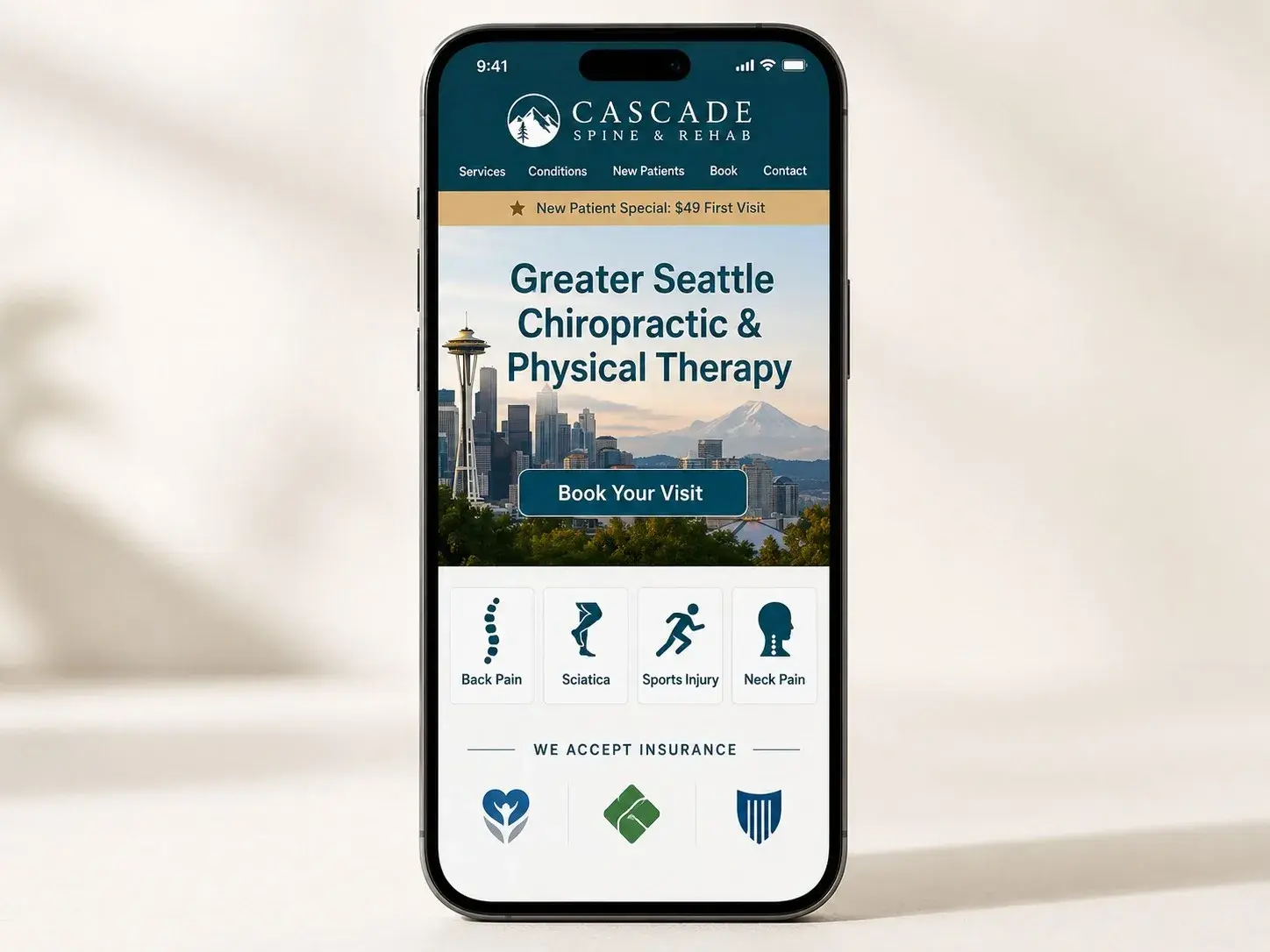 iPhone mockup showing an example chiropractic web design with New Patient Special offer, condition-specific service tiles, and insurance acceptance section, built by ChegTech