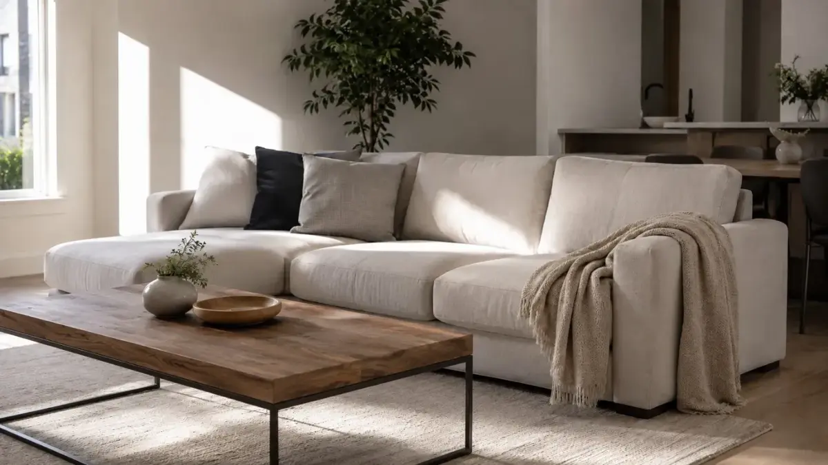A spotless sunlit modern living room with gleaming surfaces and neatly arranged cushions