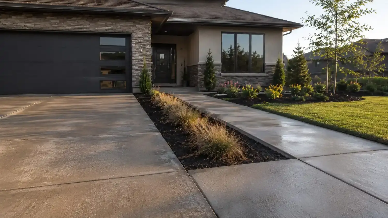 A freshly poured and broom-finished concrete driveway curing beside a residential garage