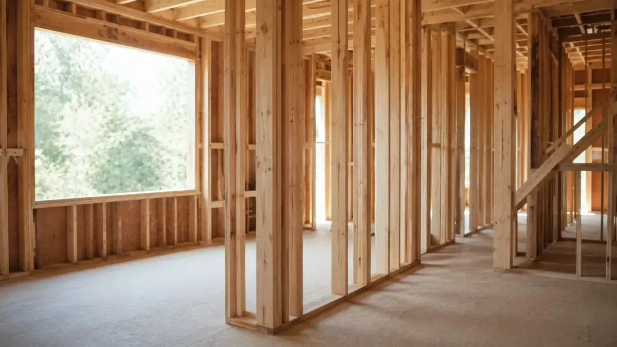 The interior of a freshly framed home with exposed wood studs and a large window opening
