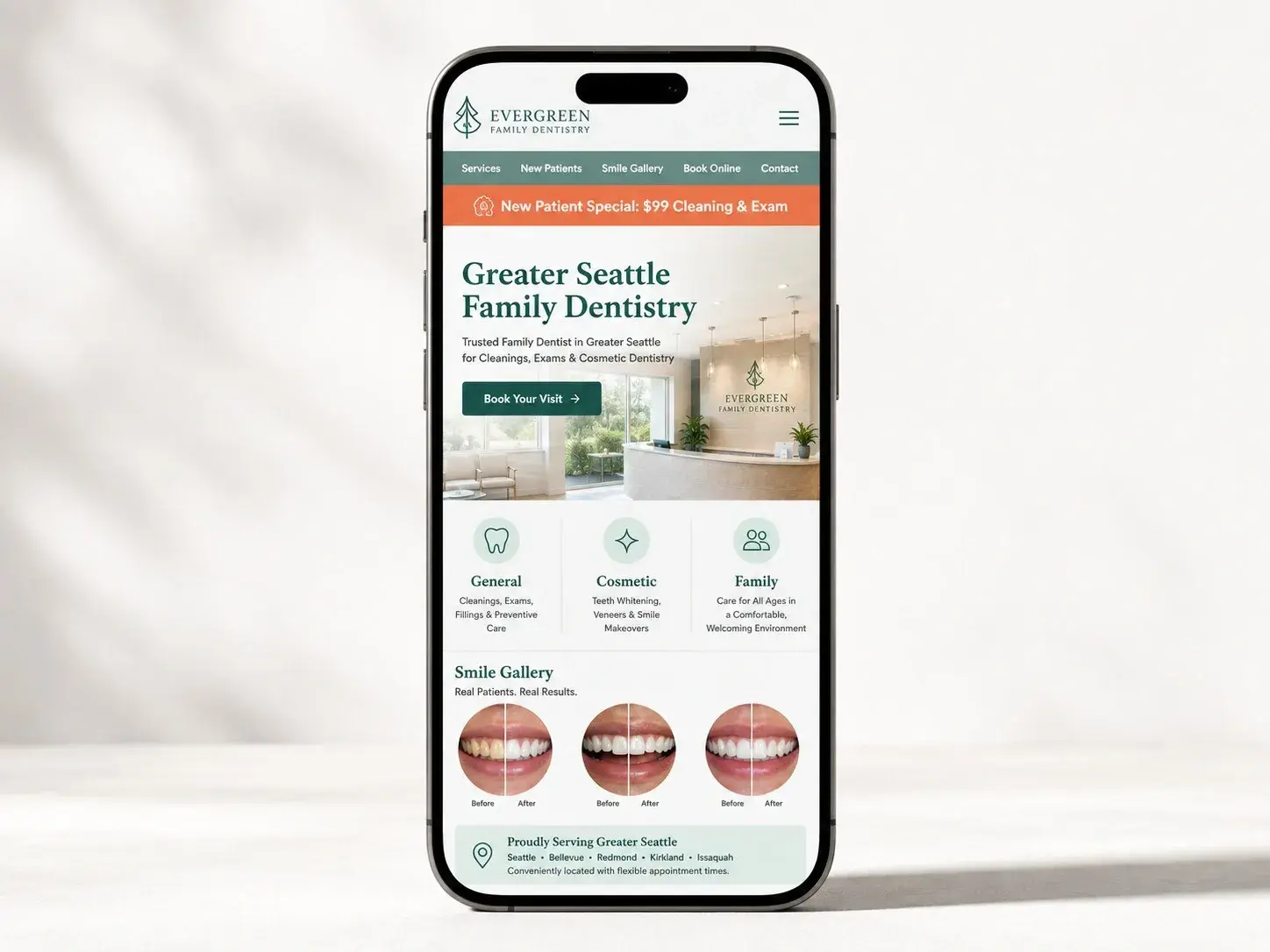 iPhone mockup showing an example dental practice website with online booking CTA, New Patient Special offer, and smile gallery preview, built by ChegTech