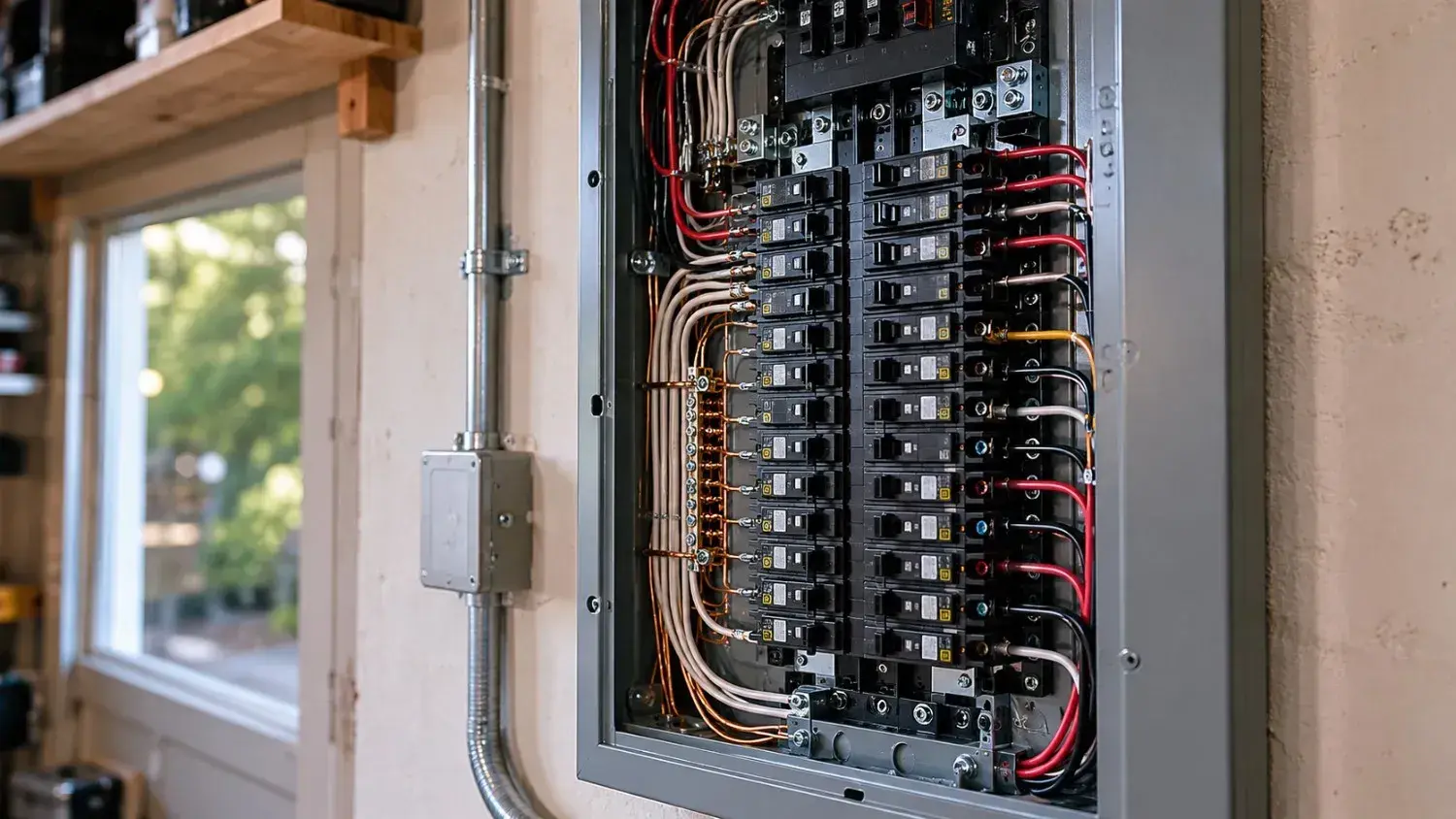 A neatly organized residential electrical panel with color-coded wiring on a clean wall