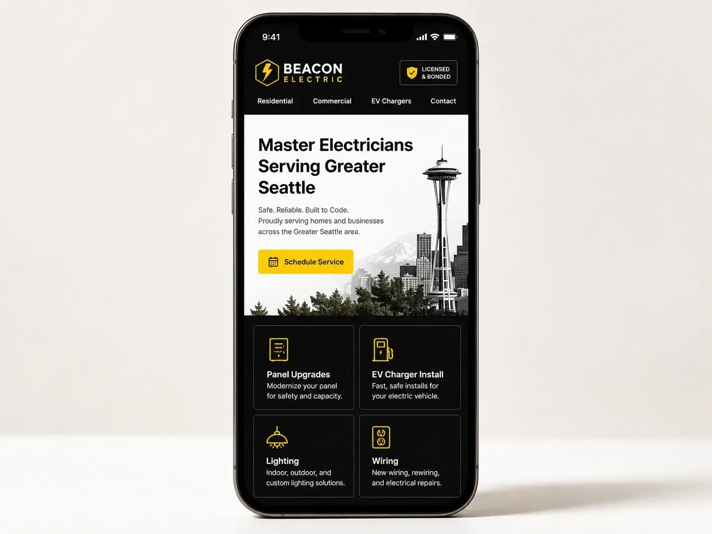 iPhone mockup showing an example electrician web design with residential and commercial service categories, EV charger installation callout, and phone number, built by ChegTech