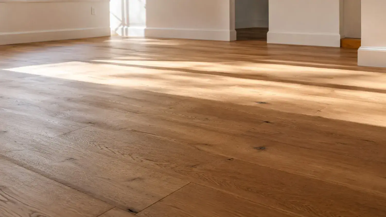 Wide-plank warm oak hardwood flooring in a sunlit living room