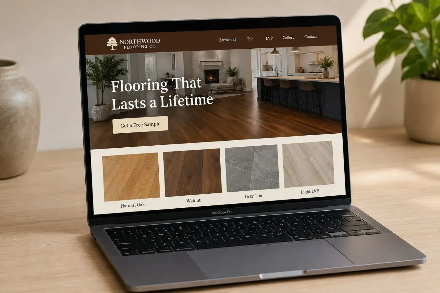 MacBook screen showing an example flooring web design with portfolio of hardwood, tile, and LVP samples, Get a Free Sample CTA, and phone number, built by ChegTech