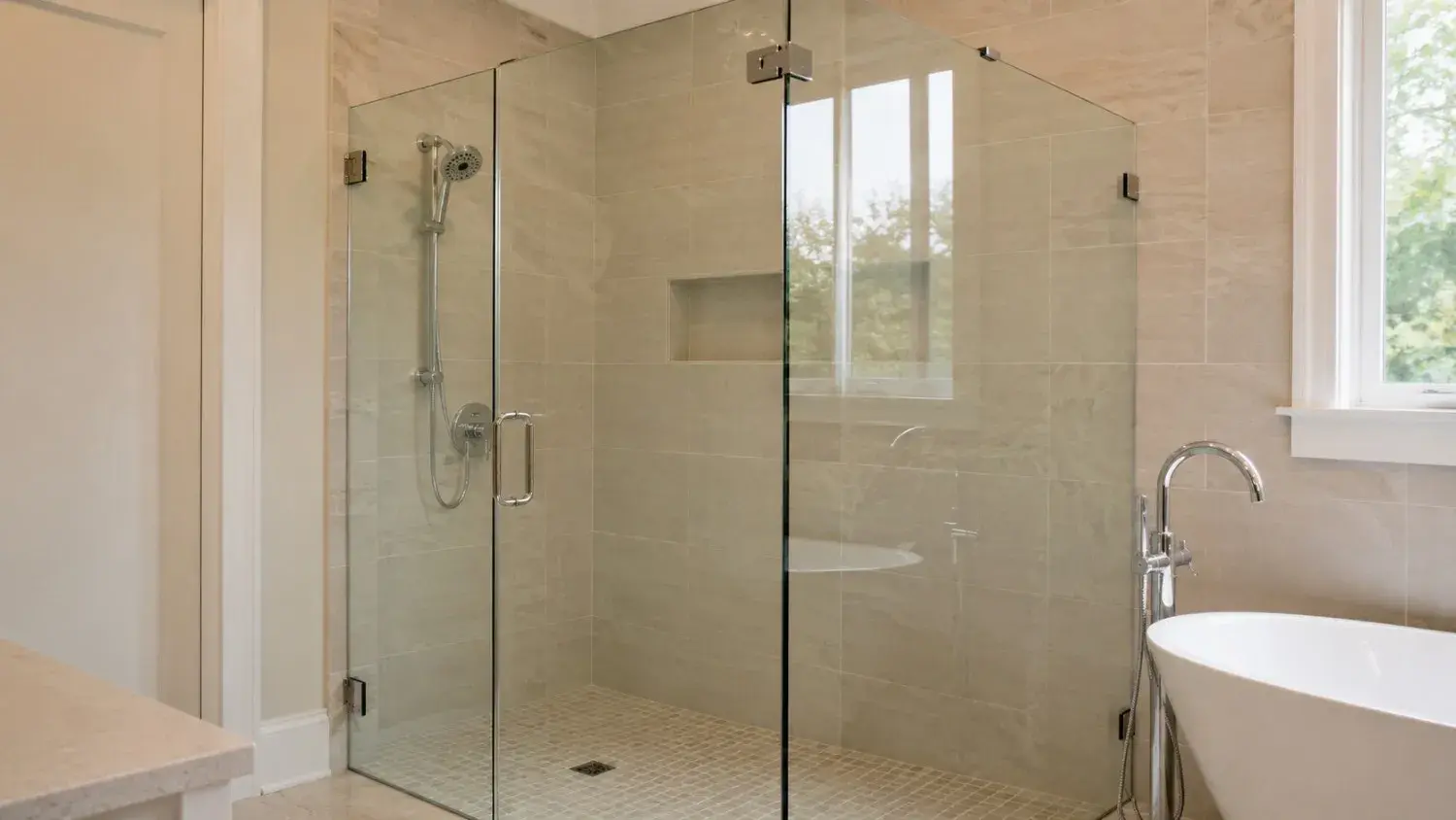 A frameless glass shower enclosure with chrome hardware in a modern bathroom