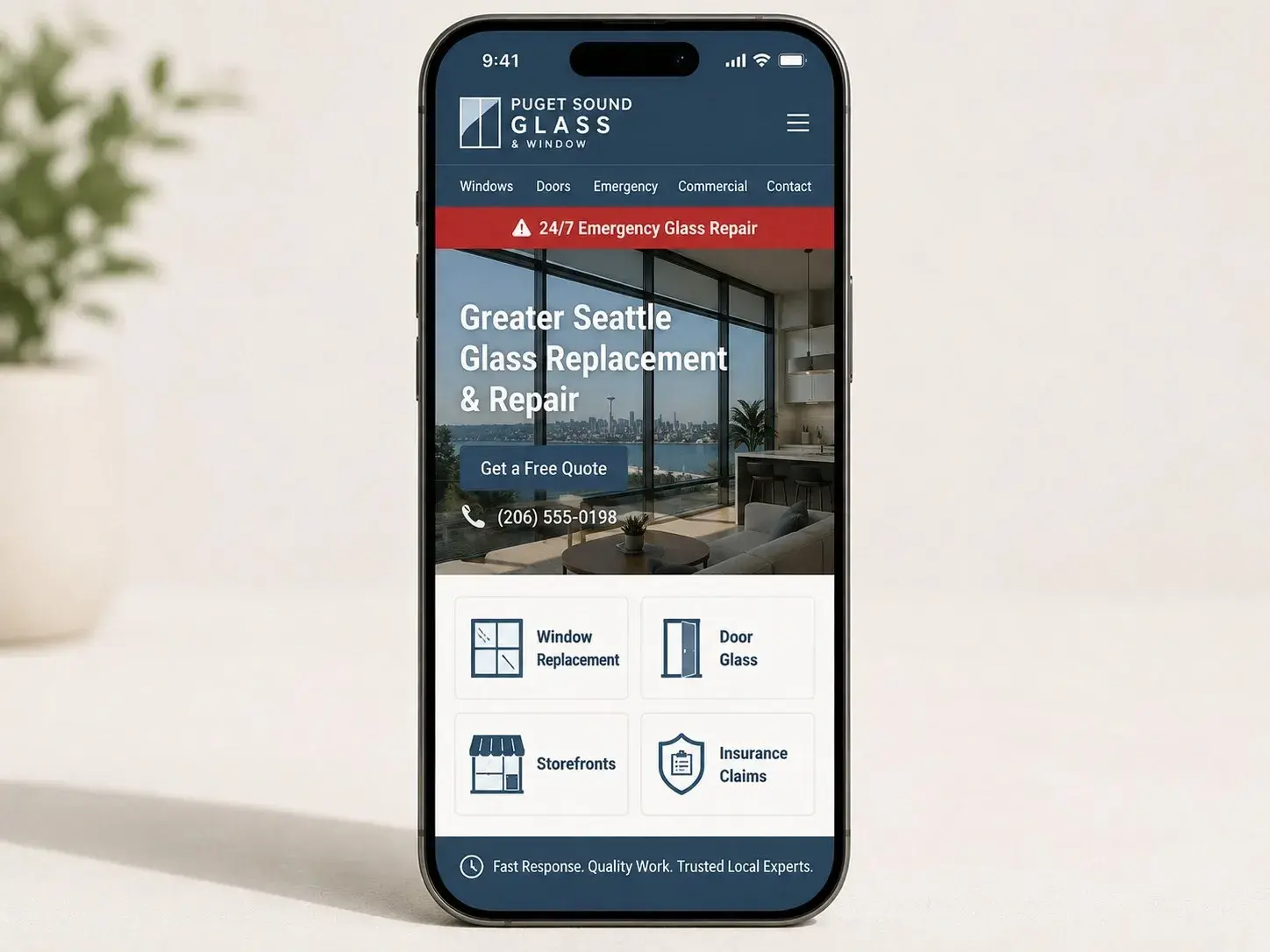 iPhone mockup showing an example glass company web design with services, emergency glass repair CTA, and phone number, built by ChegTech