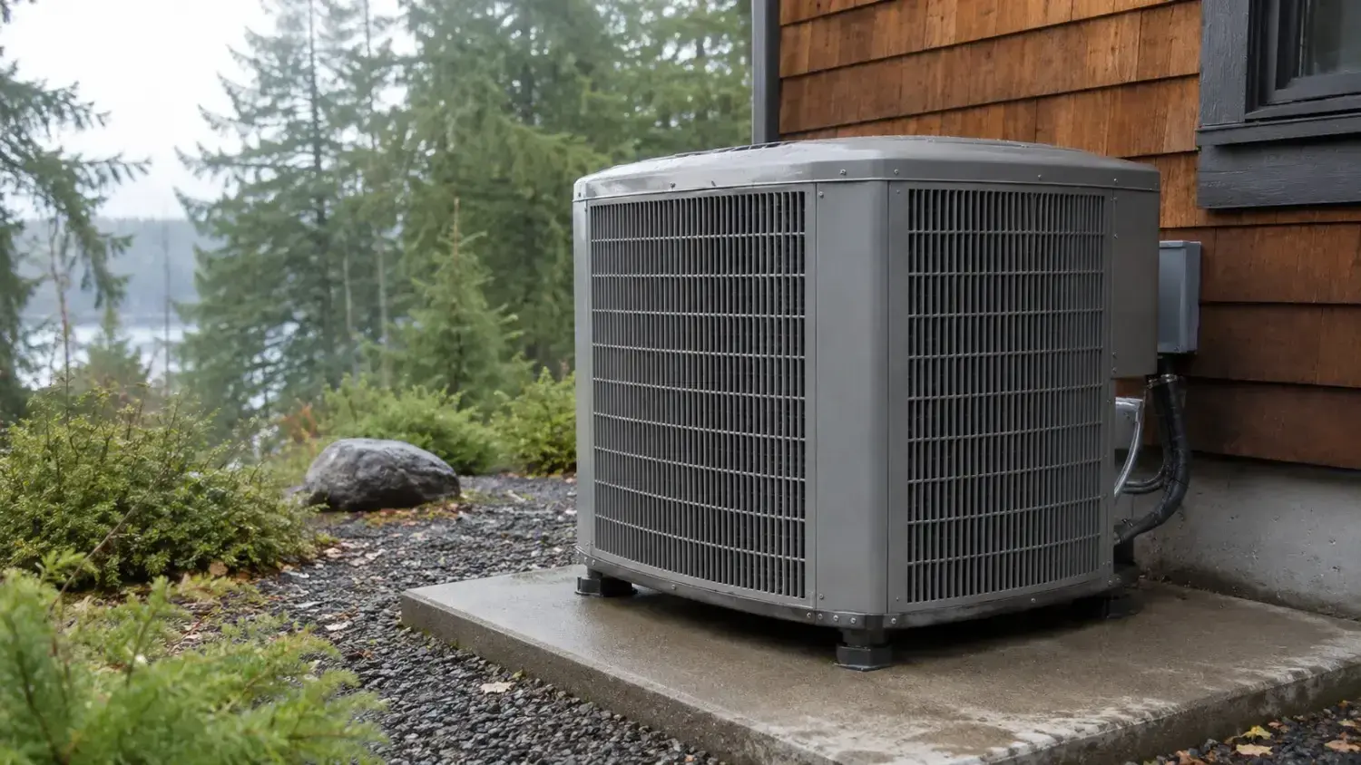 A newly installed heat-pump condenser unit on a concrete pad beside a modern Pacific Northwest home