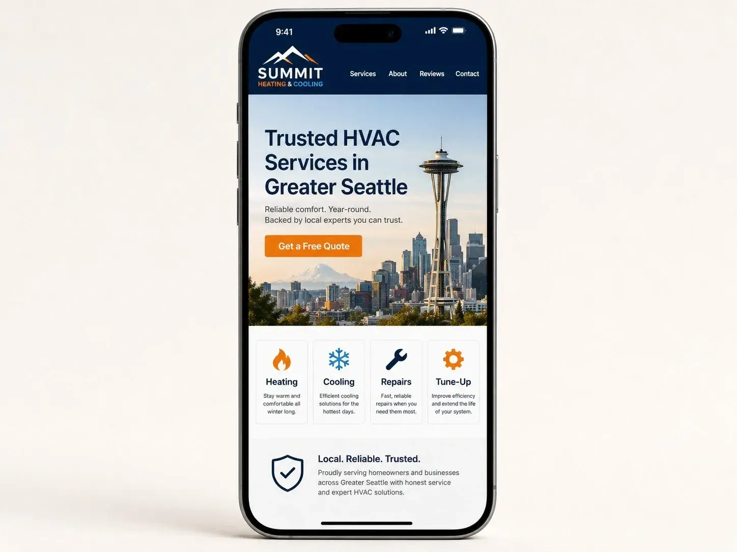 iPhone mockup showing an example HVAC web design with emergency CTA, service-area pages, and phone number above the fold, built by ChegTech