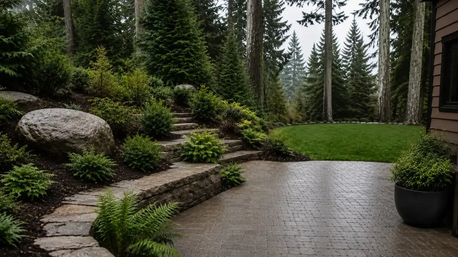 A landscaped Pacific Northwest backyard with a stone paver patio and layered evergreens