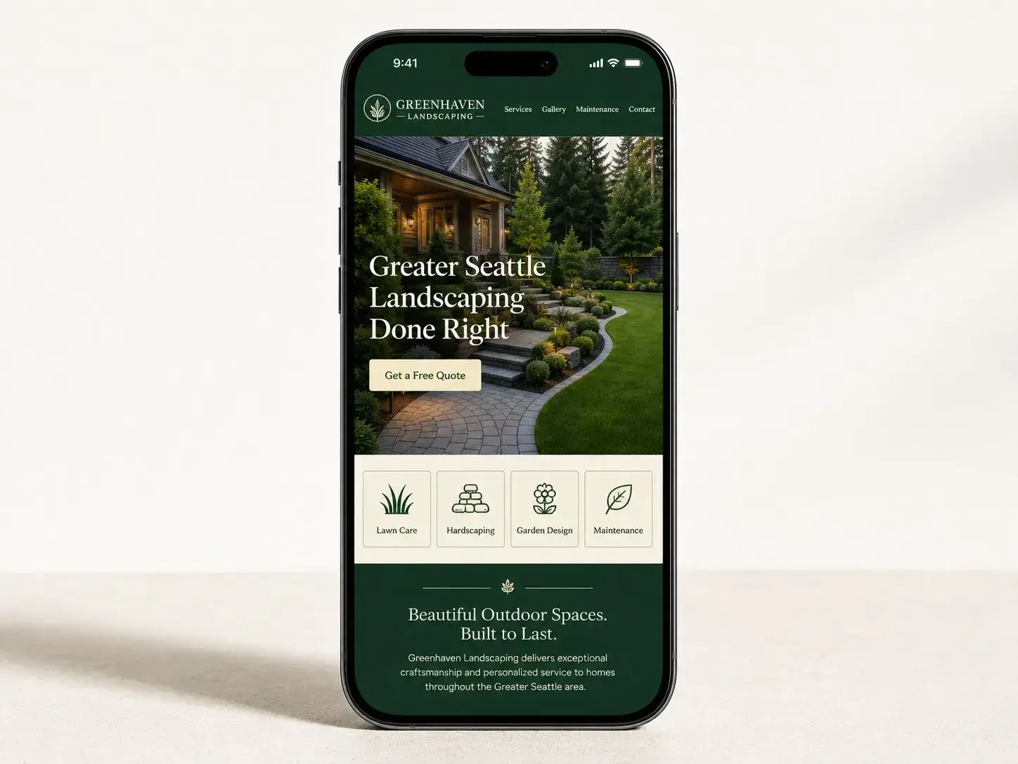 iPhone mockup showing an example landscaping website design with lawn and hardscaping photos, service list, and Get a Quote CTA, built by ChegTech