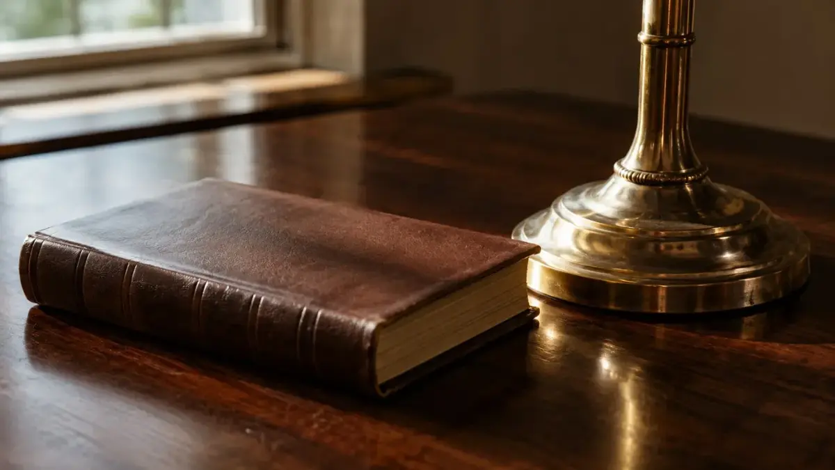 A leather-bound book and brass desk lamp on a polished walnut attorney's desk