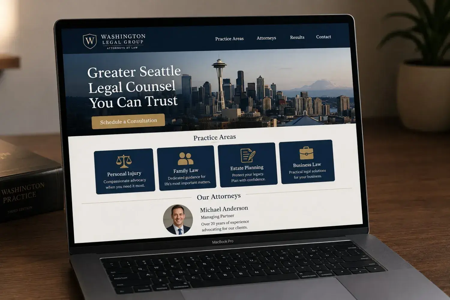MacBook screen showing an example law firm website with practice-area cards, attorney profile section, and Schedule Consultation CTA, built by ChegTech