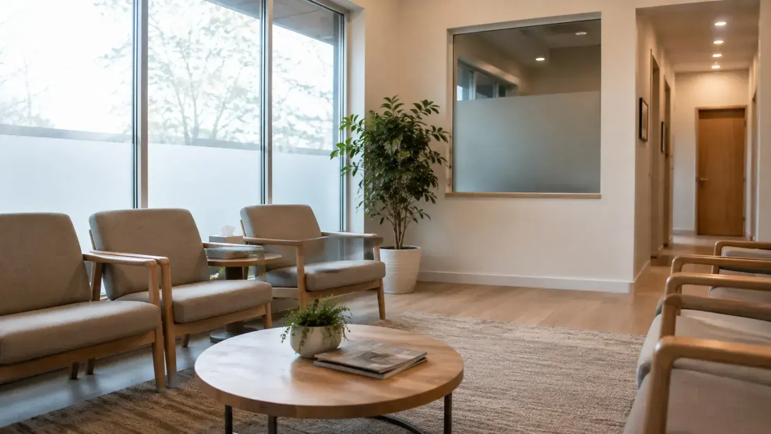 A calm modern medical clinic waiting area with neutral seating and a potted plant