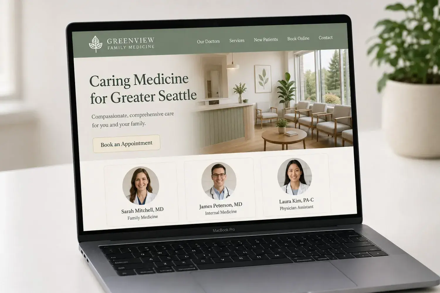 MacBook screen showing an example medical website design with online booking CTA, provider cards, and phone number, built by ChegTech