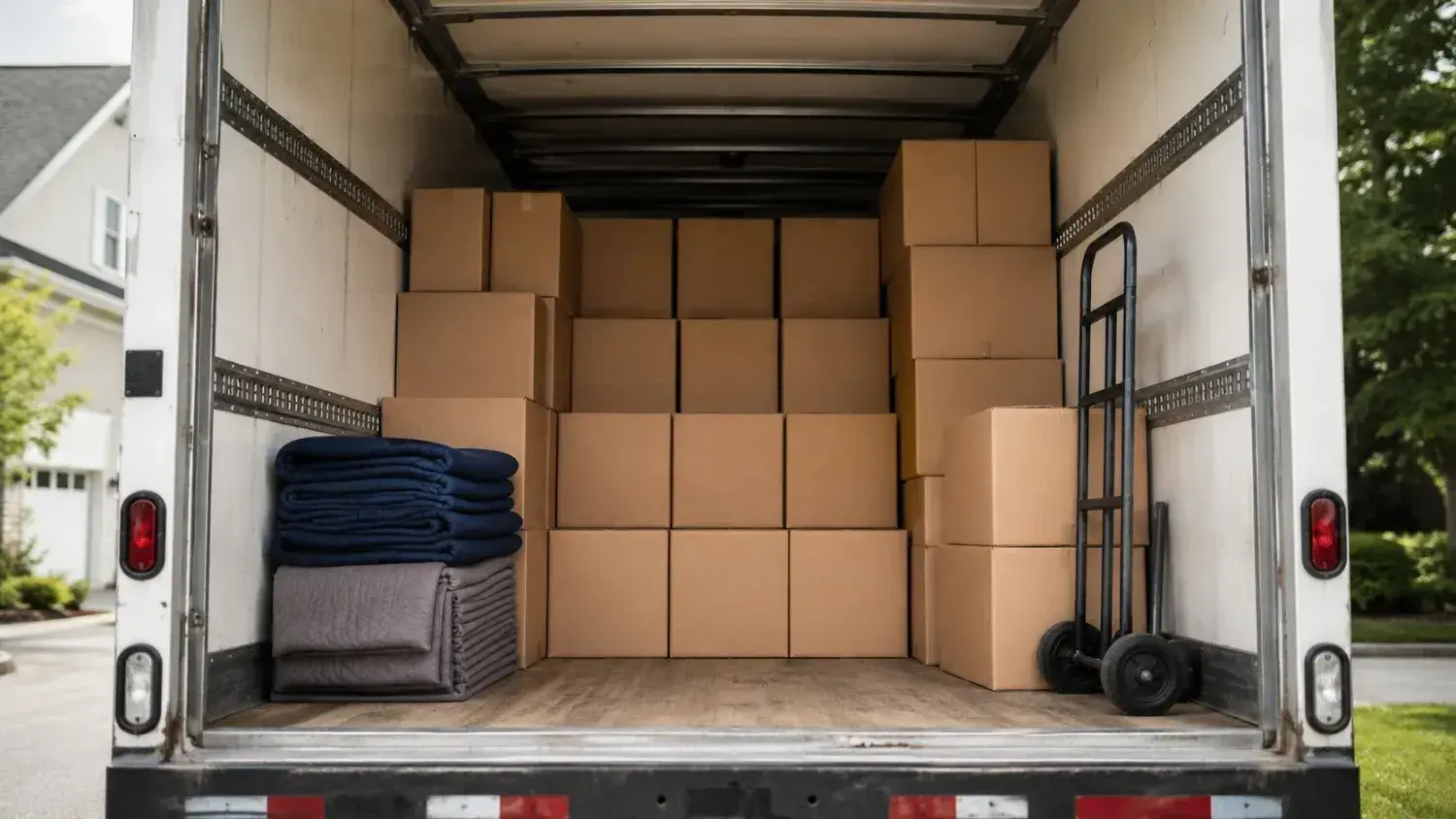 Neatly stacked plain cardboard moving boxes in a clean sunlit room