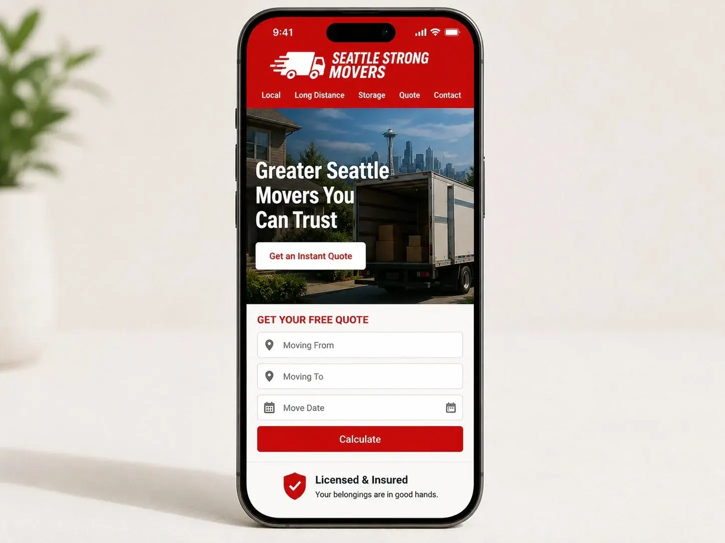 iPhone mockup showing an example web design for moving companies, with instant quote calculator, residential and commercial service tiles, and phone number, built by ChegTech