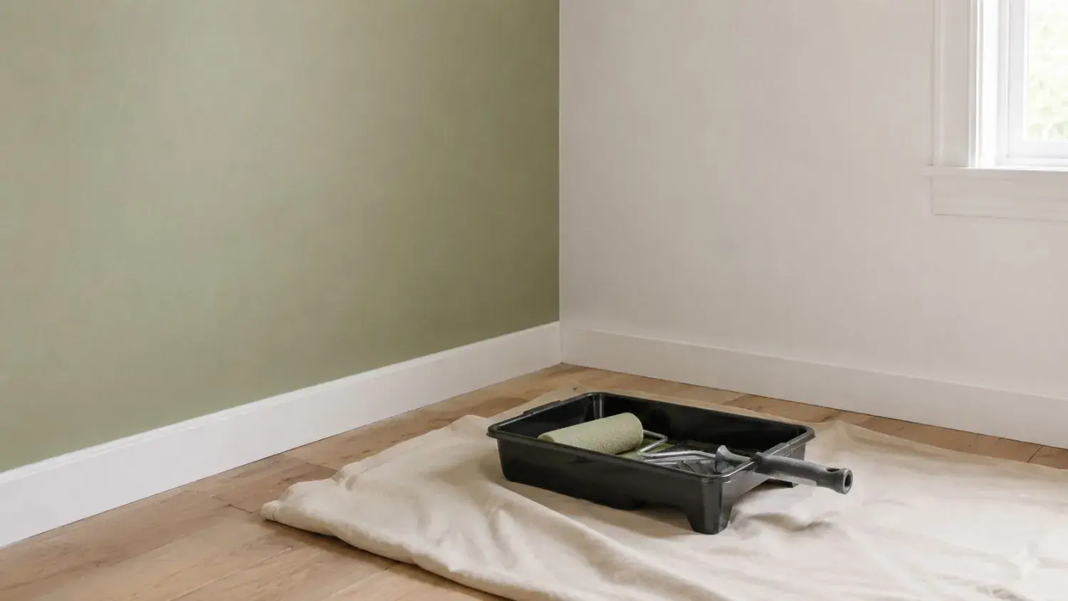 Freshly painted sage green and warm white walls meeting at a clean interior corner