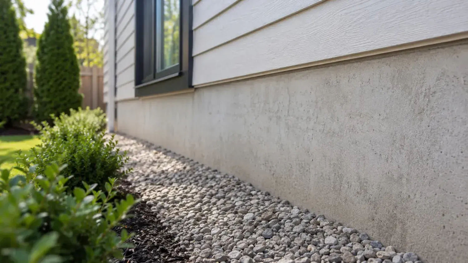 The clean foundation line of a modern home with tidy landscaping and a gravel border