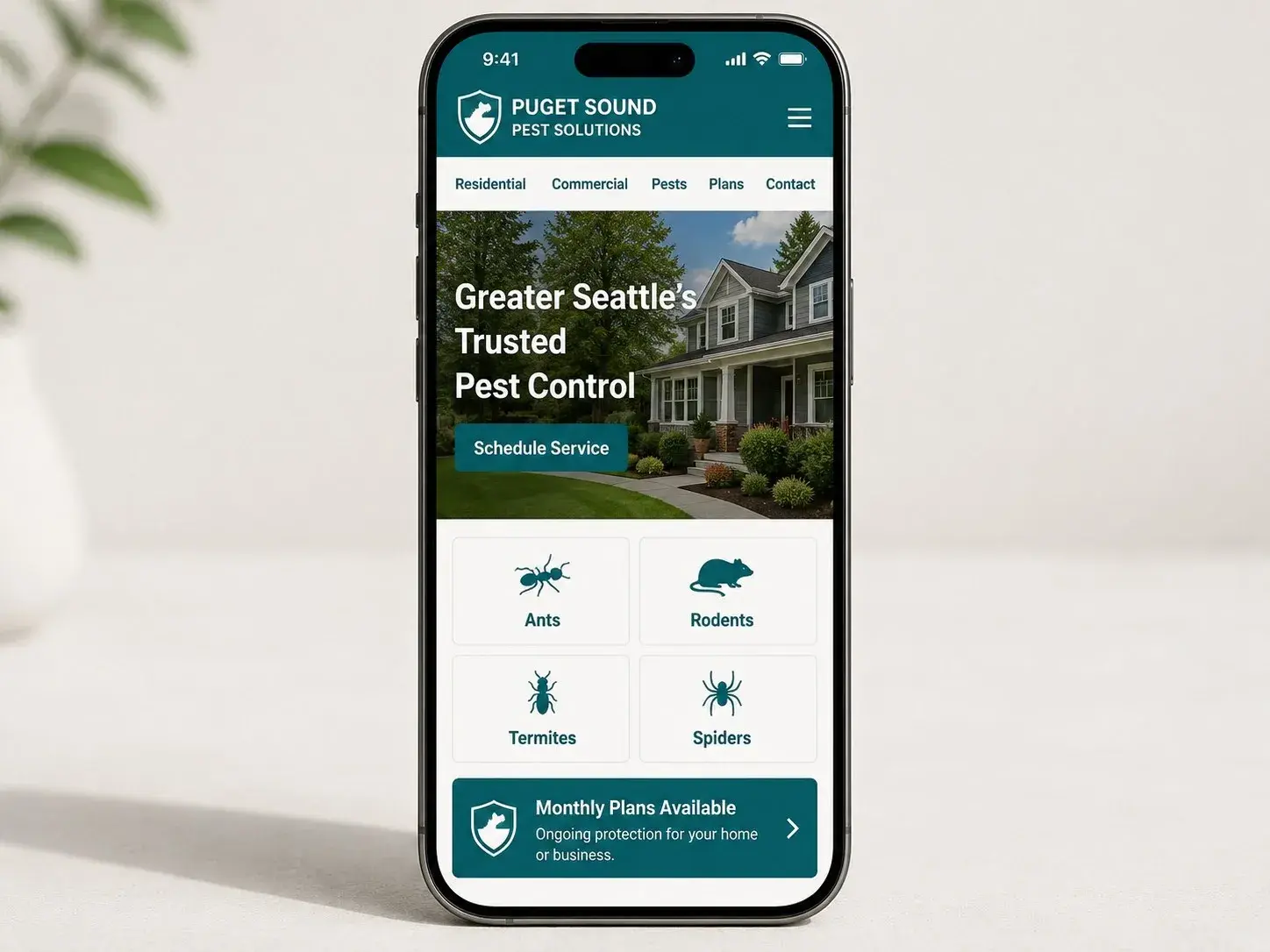 iPhone mockup showing an example pest control website design with residential and commercial categories, pest-specific service tiles, and phone number, built by ChegTech