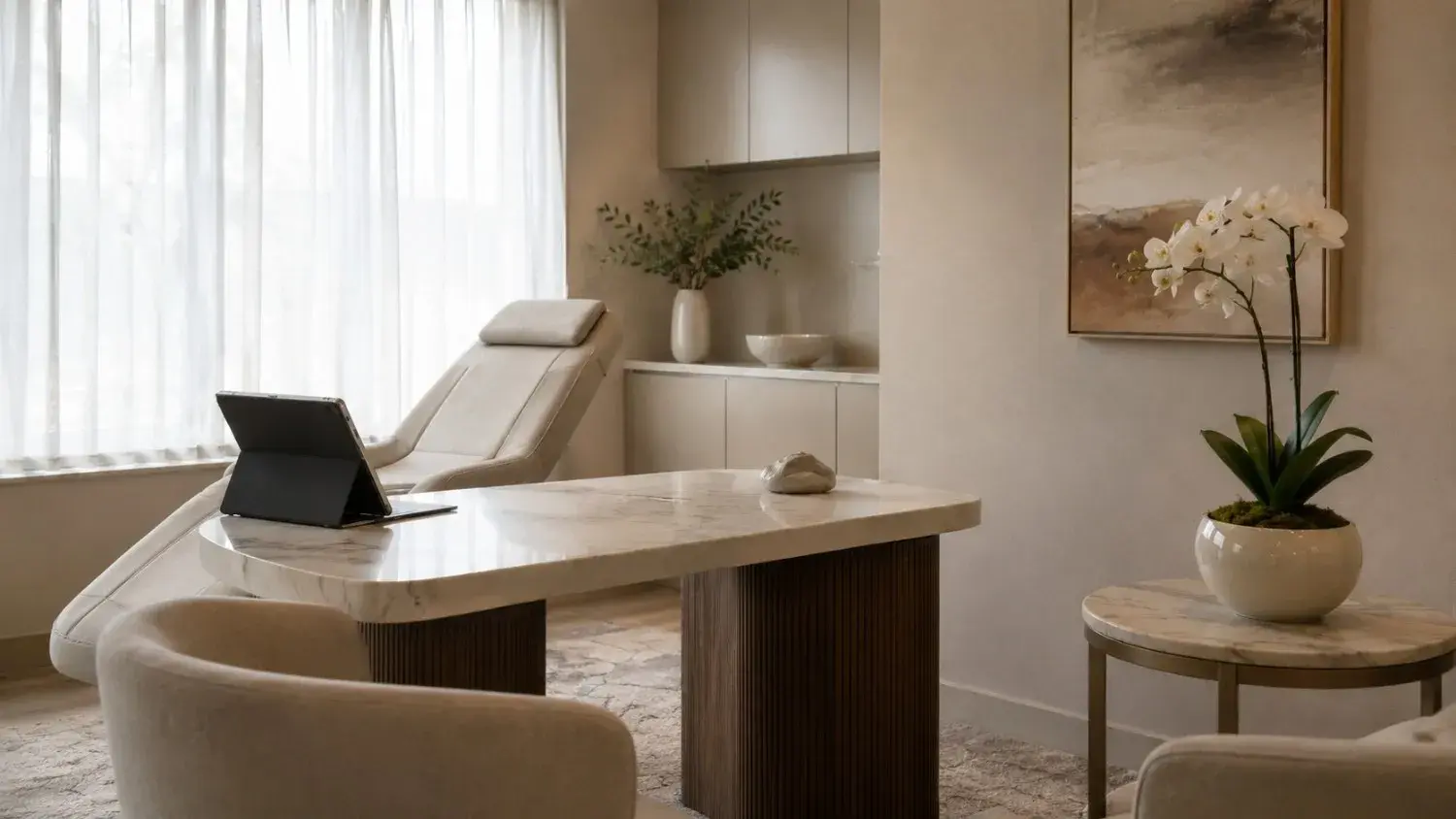 A serene upscale medical-spa consultation room with minimalist decor and a white orchid