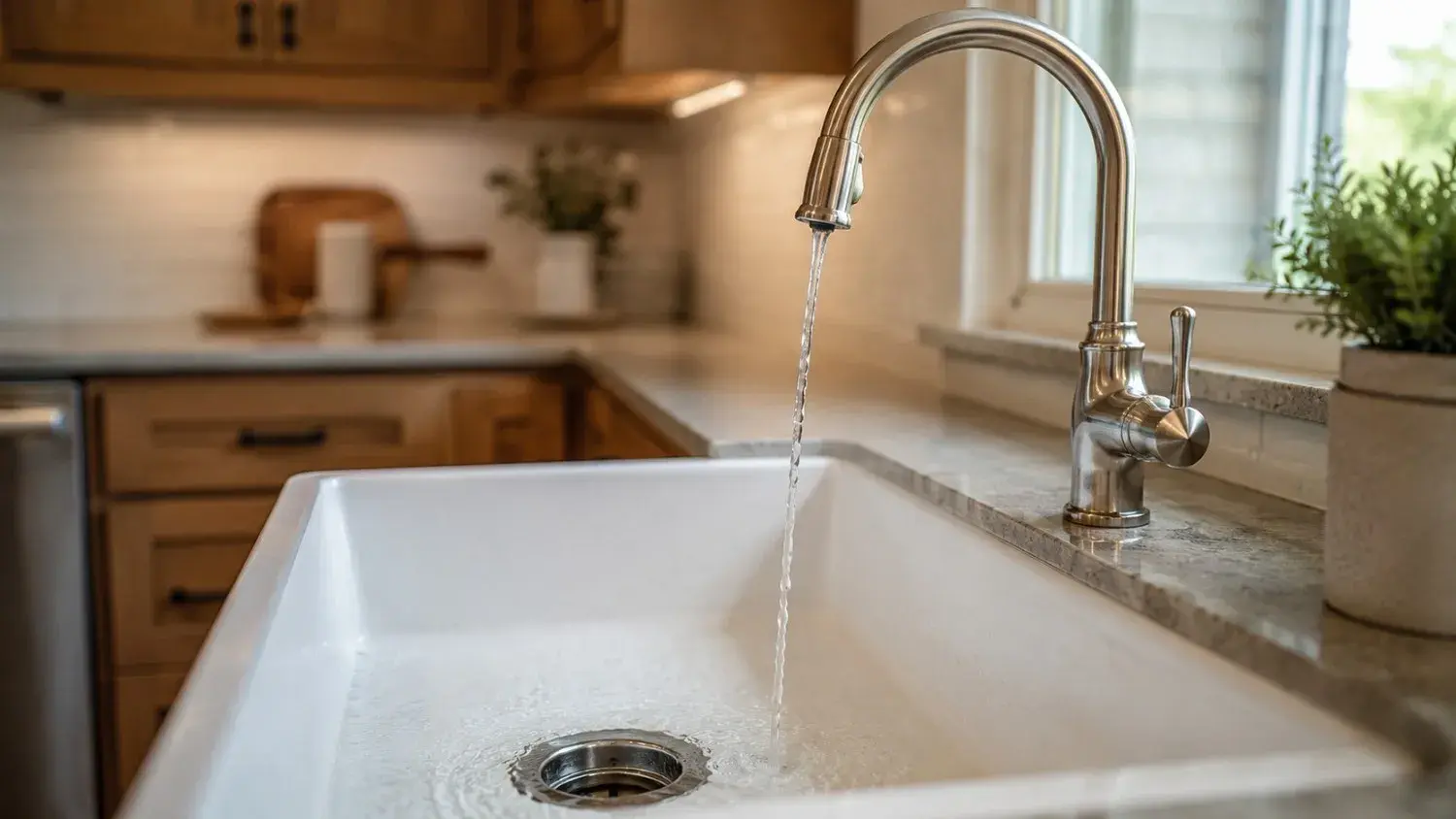 A brushed-nickel faucet running over a clean white farmhouse sink in a modern kitchen
