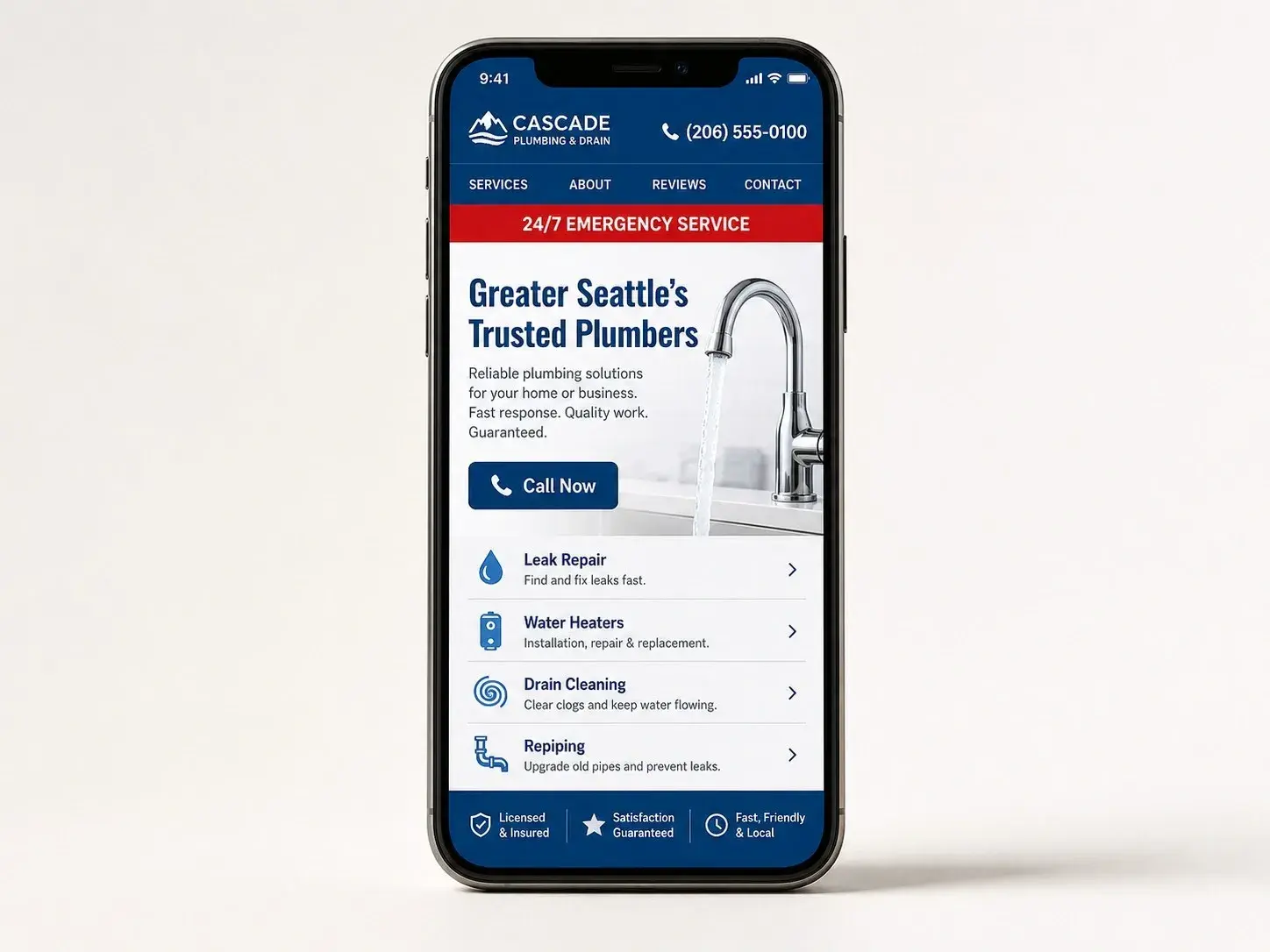 iPhone mockup showing an example plumbing web design with 24/7 emergency CTA, service list, and phone number, built by ChegTech