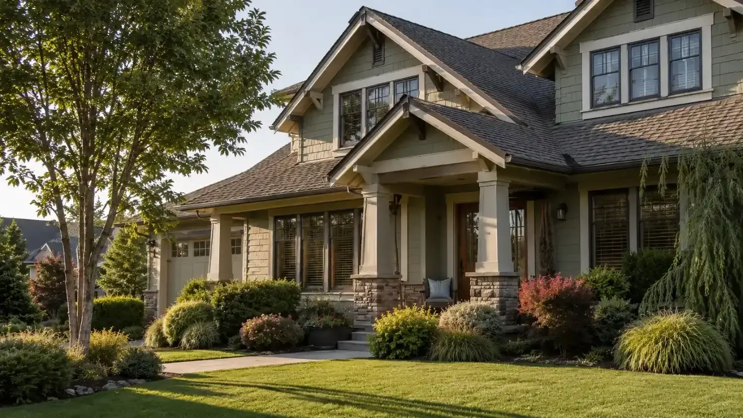 A craftsman-style Pacific Northwest home exterior with a covered porch at golden hour