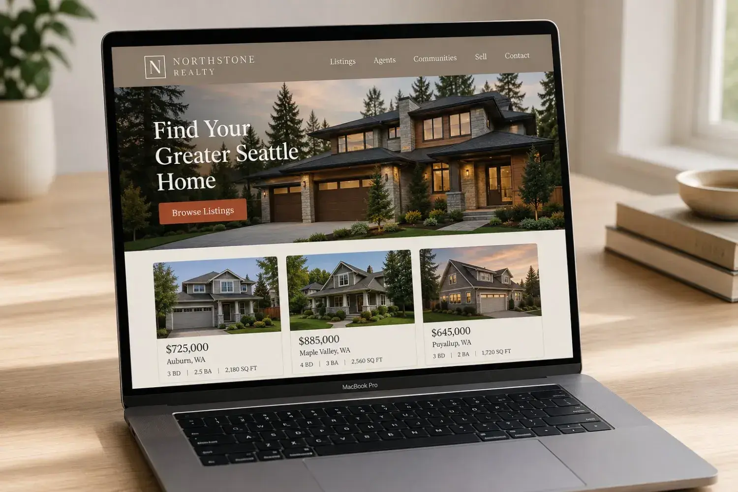 MacBook screen showing an example real estate website design with property listing gallery, agent profile, and Browse Listings CTA, built by ChegTech