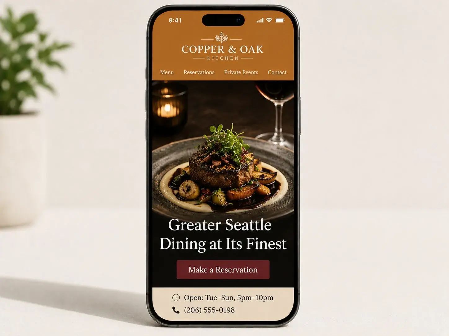 iPhone mockup showing an example restaurant website with menu preview, Make a Reservation CTA, and phone number, built by ChegTech