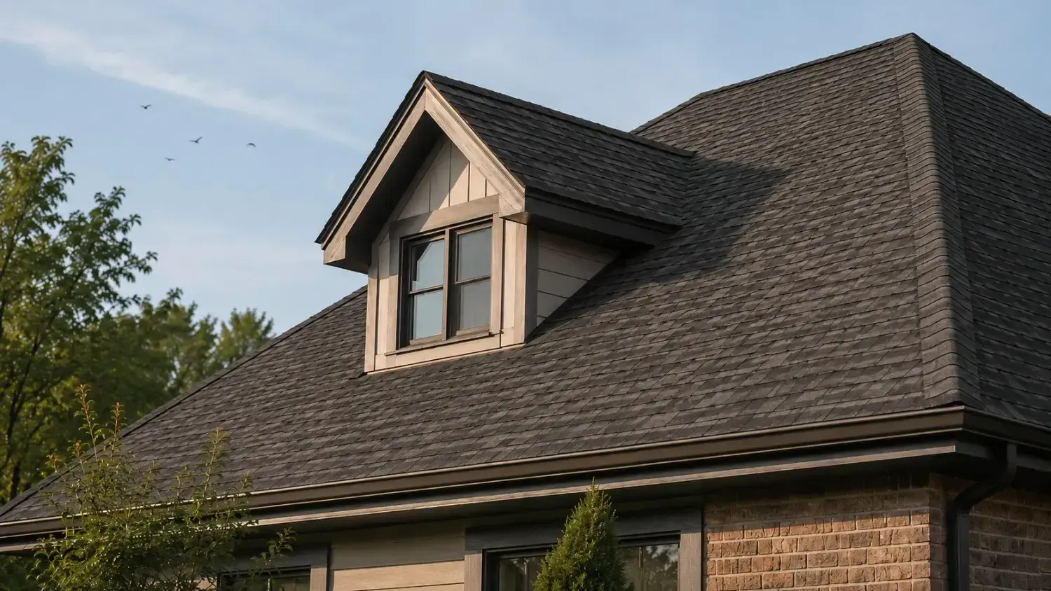 A freshly installed architectural asphalt-shingle roof with a dormer against a clear sky