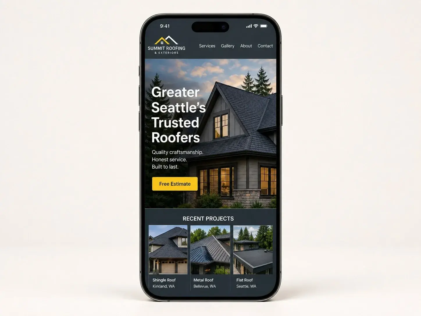 iPhone mockup showing an example roofing website with project gallery, Free Estimate CTA, and phone number, built by ChegTech