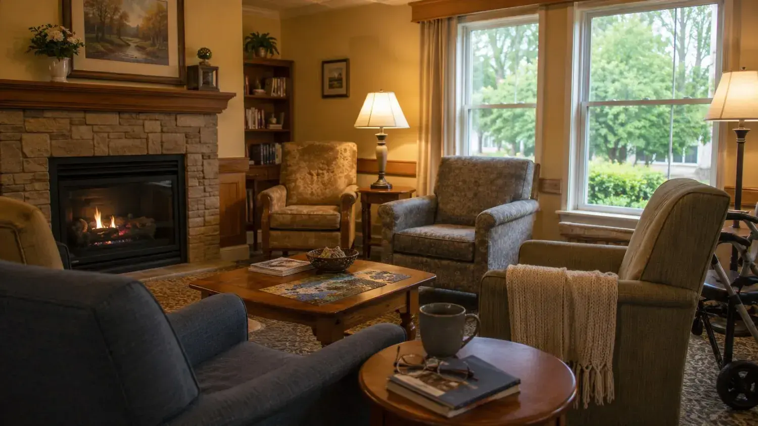 A warm senior-living common room with cozy armchairs, a fireplace, and garden views