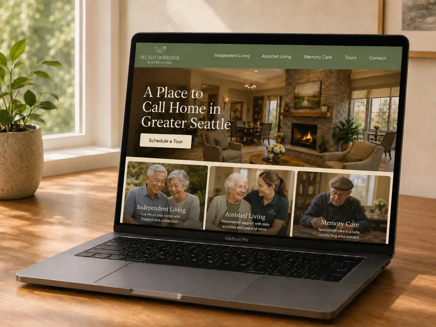 MacBook screen showing an example senior living community website with Schedule a Tour CTA, level-of-care explanation tiles, and phone number, built by ChegTech