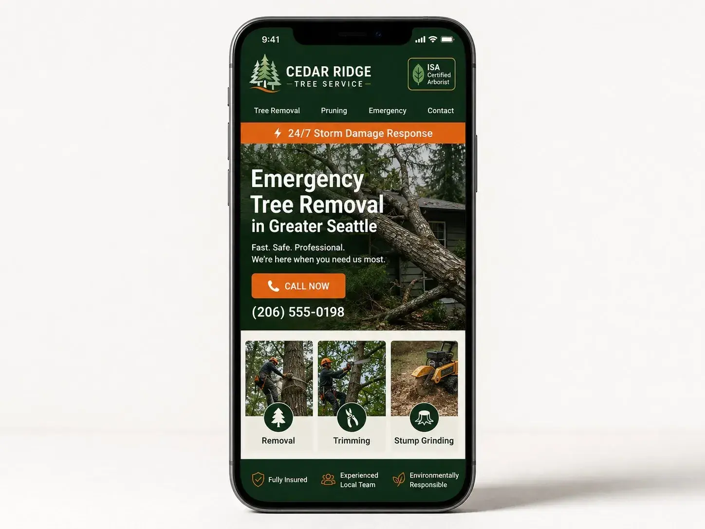 iPhone mockup showing an example tree service website design with emergency tree removal CTA, ISA Certified Arborist credential, and phone number, built by ChegTech