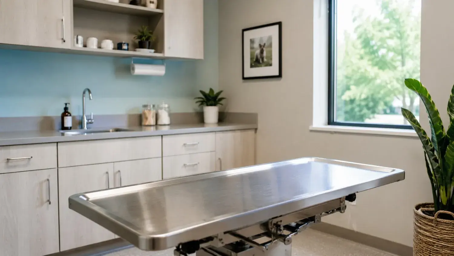 A bright veterinary exam room with a stainless-steel table and soft pastel walls