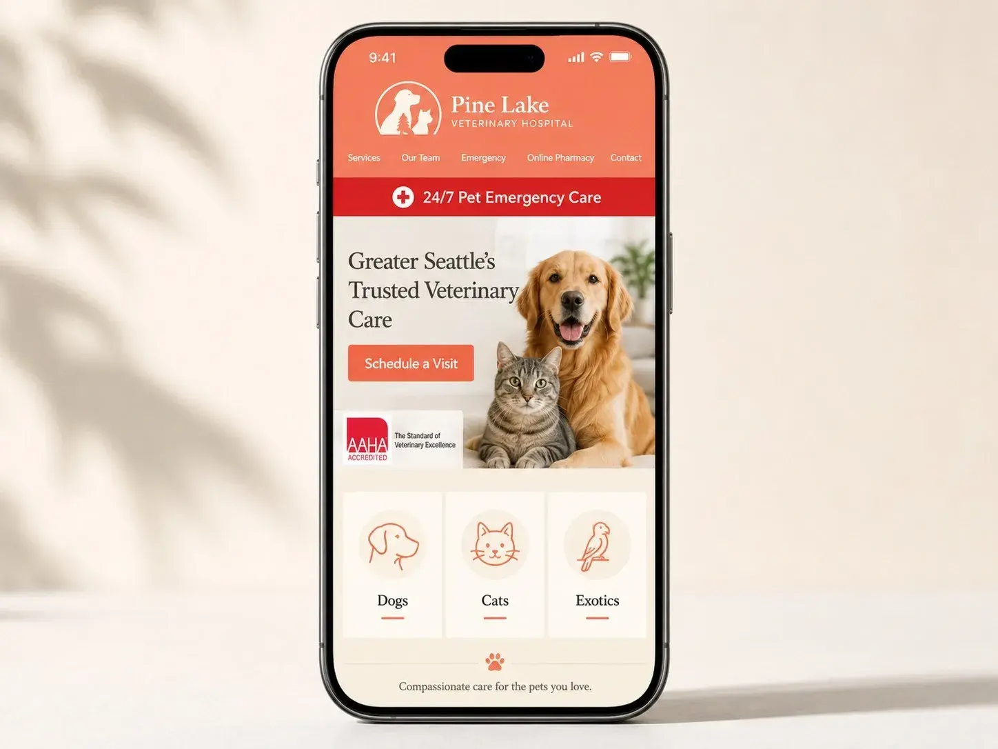 iPhone mockup showing example professional veterinary web design with emergency care CTA, pet-type service tiles, AAHA accreditation badge, and phone number, built by ChegTech
