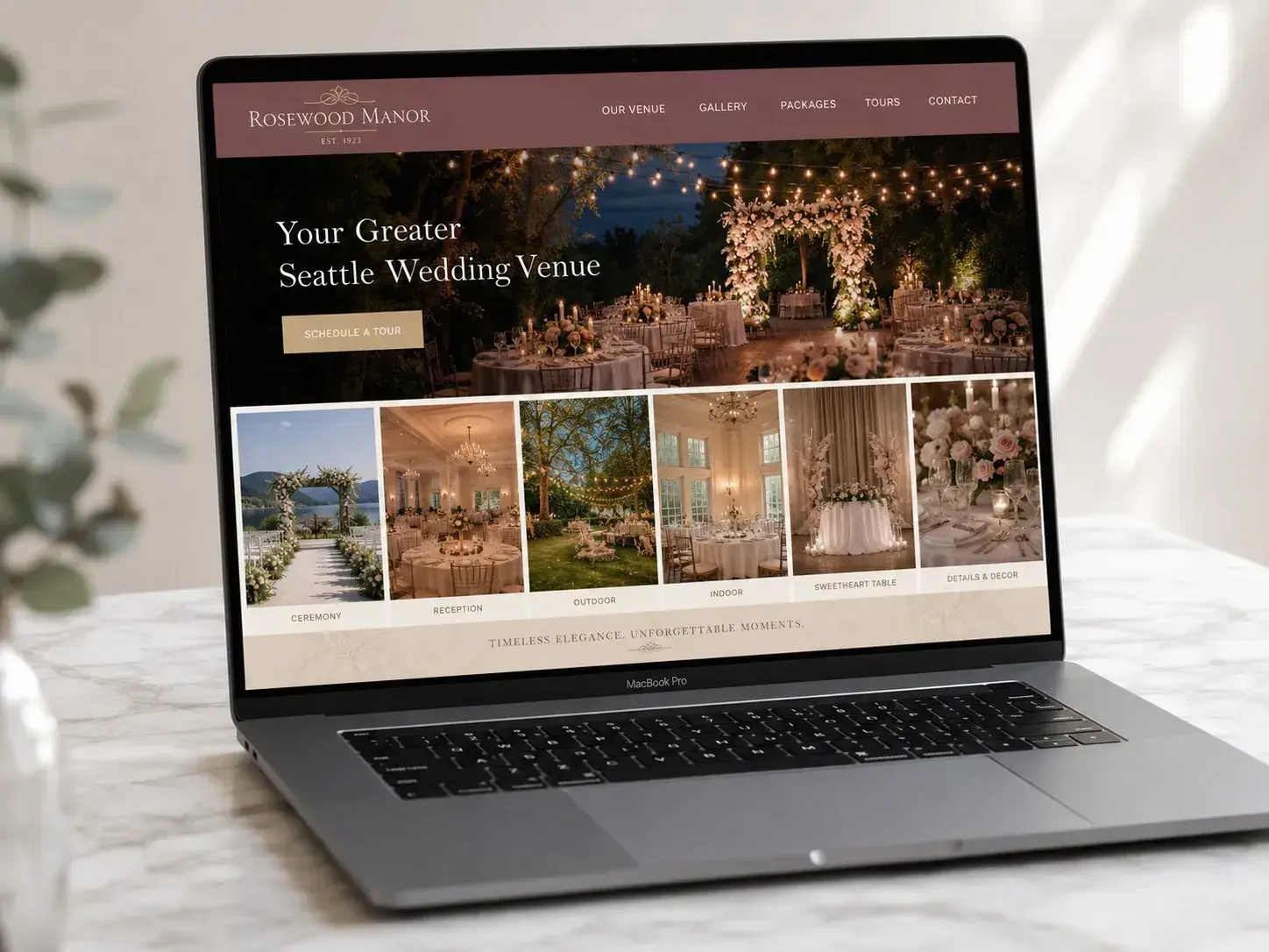 MacBook screen showing example web design for wedding venues, with gallery preview, Schedule a Tour CTA, and package teaser, built by ChegTech