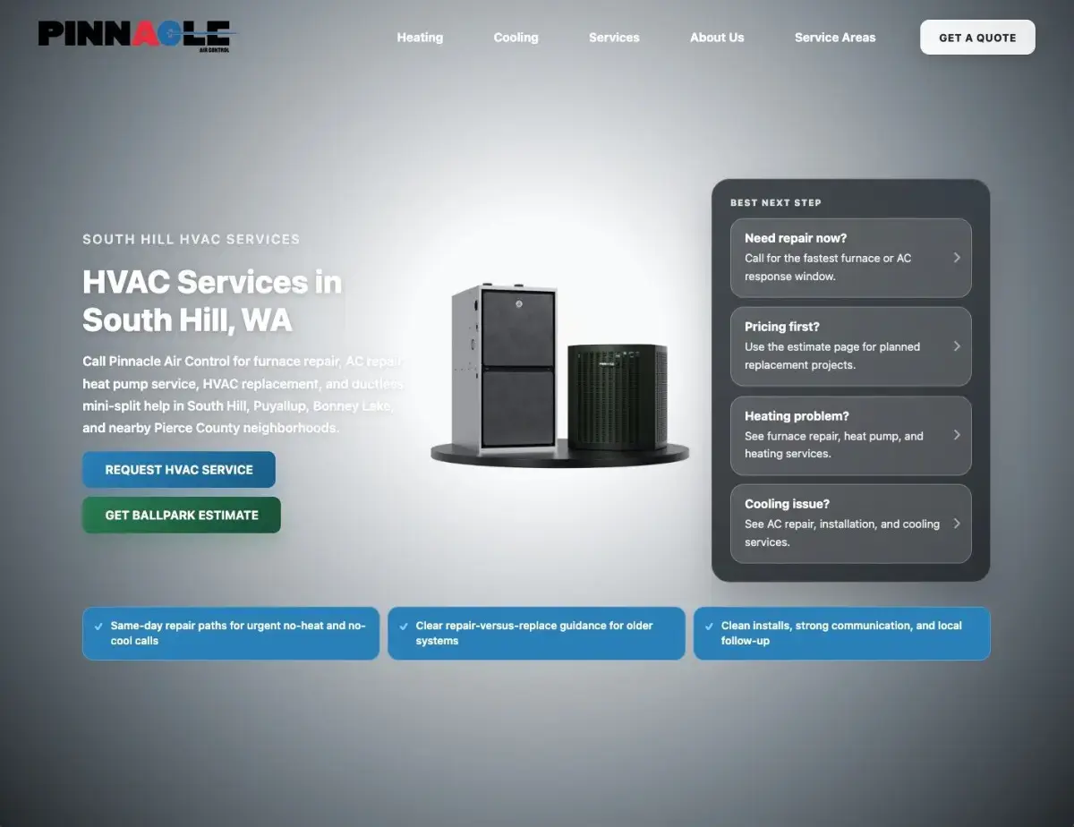 Pinnacle Air Control's rebuilt website on desktop