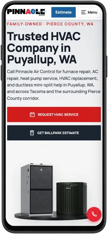 Pinnacle Air Control's Puyallup HVAC website on a phone, hand-coded by ChegTech