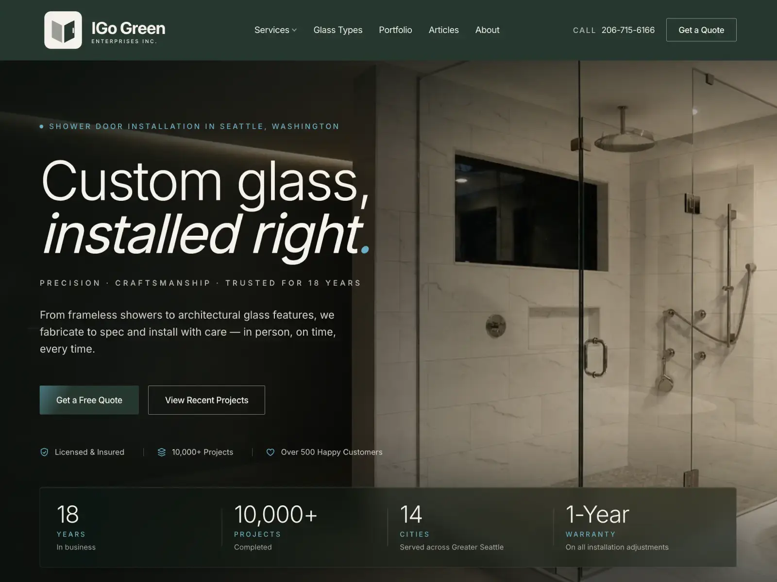 IGo Green Enterprises' custom glass installation website for Seattle, redesigned by ChegTech