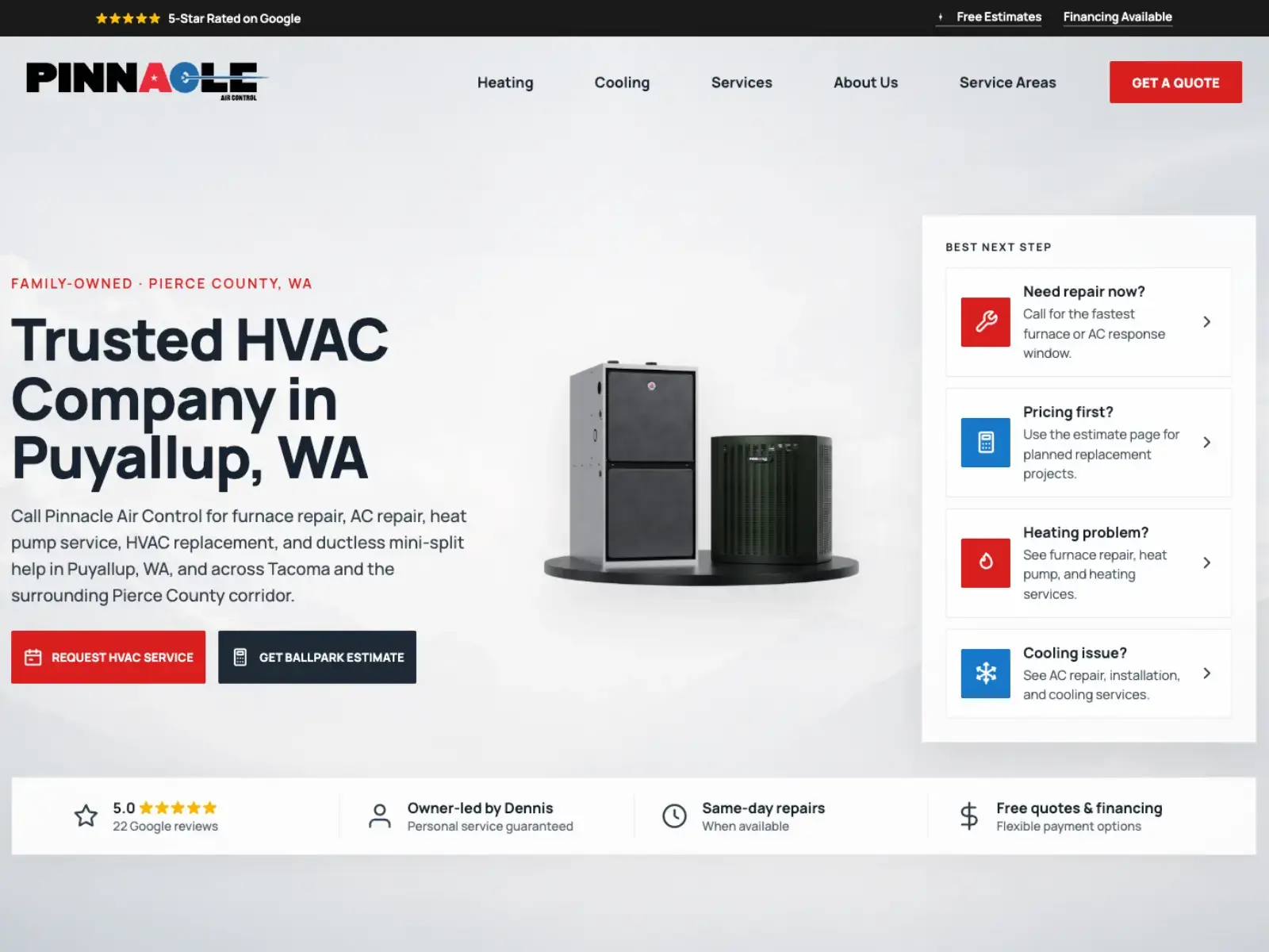 Pinnacle Air Control's custom HVAC website for South Hill, WA, built by ChegTech